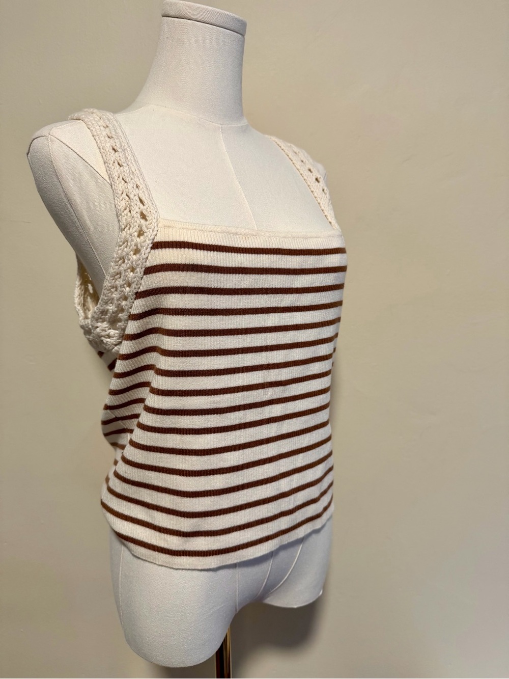 aerie Cream & Brown Striped Crochet-Trim Tank